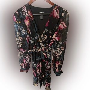 EXPRESS  Floral Long Sleeve Tie Waist Mini Dress